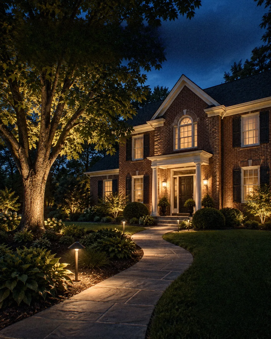 Lighting design concept: Warm light on a brick home, trees and a curved front walk