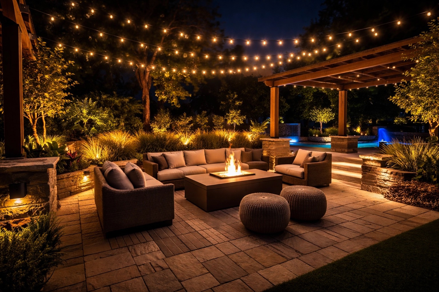 Luxury outdoor patio with smart lighting