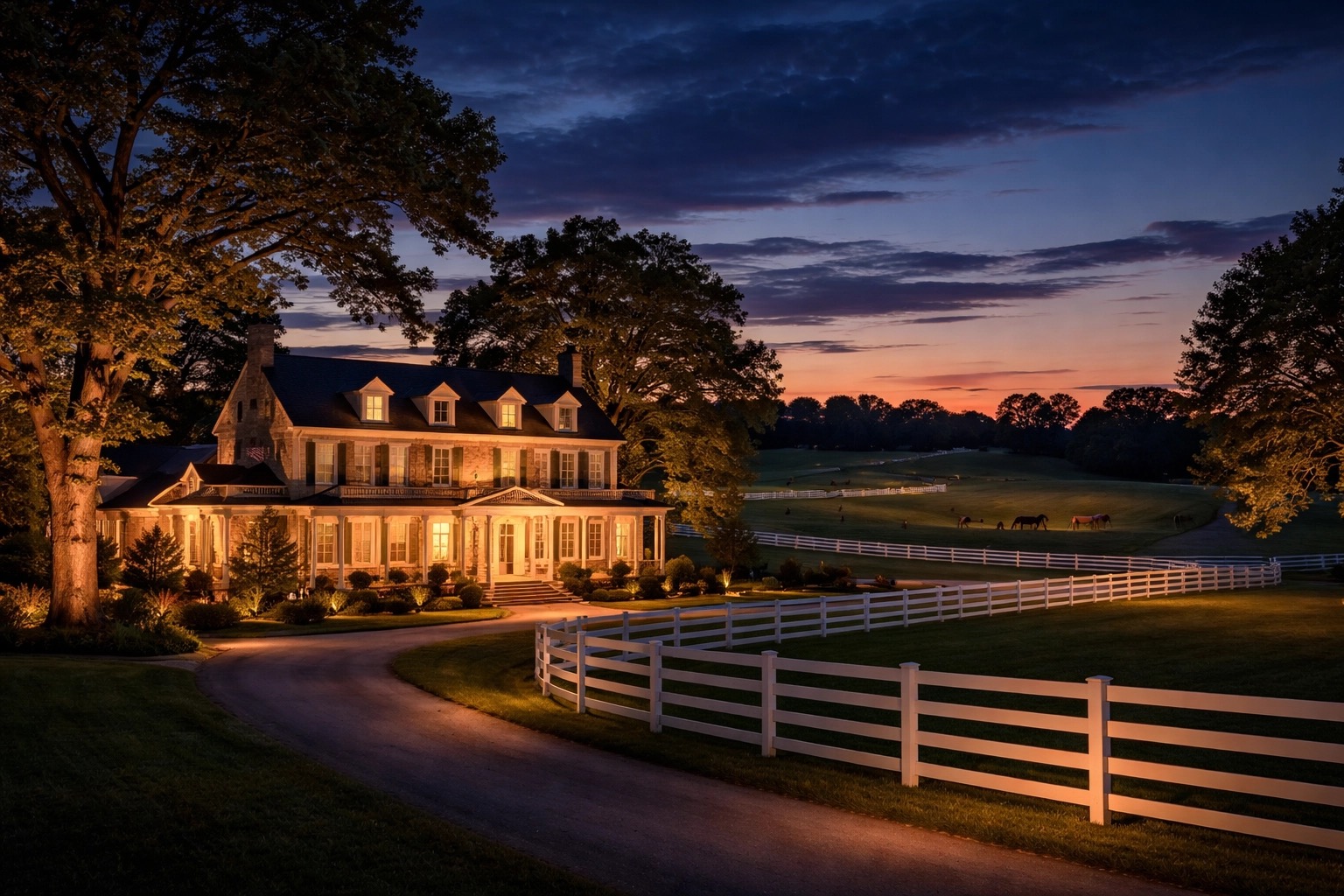 Historic estate lit up at night