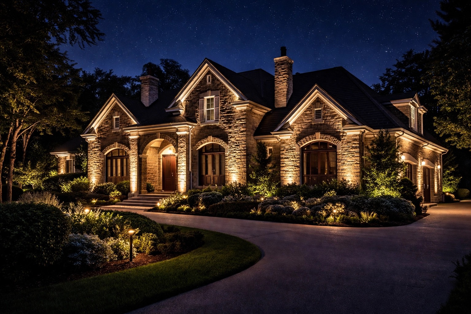 Kentucky estate at night with smart lighting